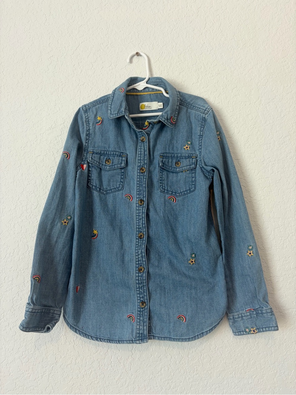 Girls' Boden Denim Button-Up Shirt with Rainbow & Star Embroidery - Blue